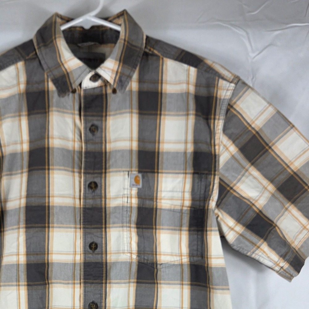 Carhartt Mens Relaxed Fit Plaid Short Sleeve Button Down Shirt Grey Yellow S